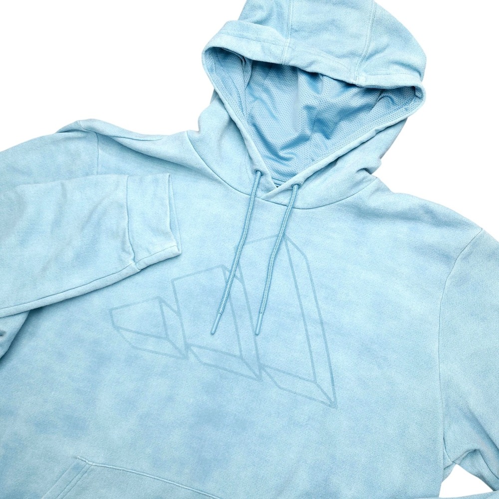 Adidas Hoodie Mens L Light Blue Fleece Pullover Kangaroo Pocket Logo Graphic